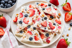 strawberry yogurt bark with fresh strawberries and blueberries