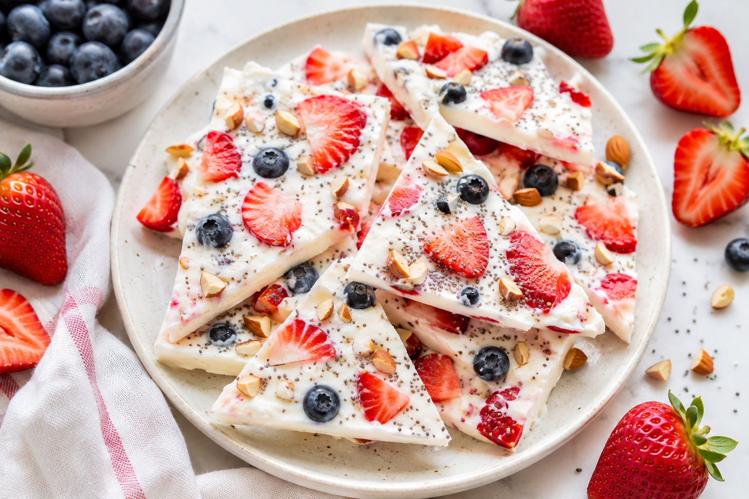 strawberry yogurt bark with fresh strawberries and blueberries