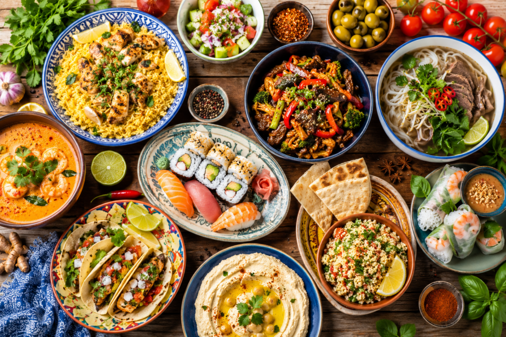 World flavors featuring colorful global dishes and international cuisine